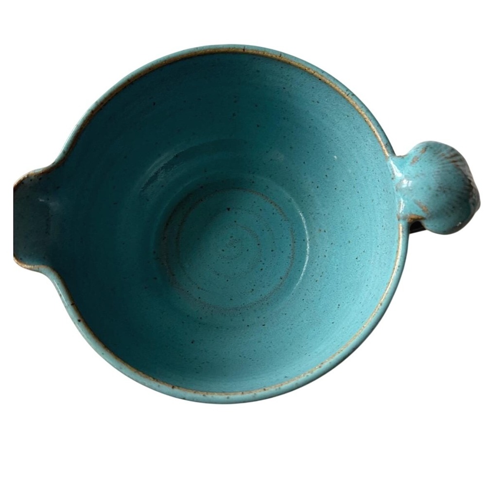 Vintage Signed DW Stoneware Batter Bowl Seashell Handle Teal Pottery - Picture 9 of 9